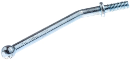 Zbliżenie na metalowy element, dźwignia kultywatora TR 530 Husqvarna, w kolorze srebrnym. Wyróżnia się wygiętym kształtem, z gwintowaną końcówką i kulistym zakończeniem. Powierzchnia gładka, lśniąca, dobrze widoczna na jasnym tle.