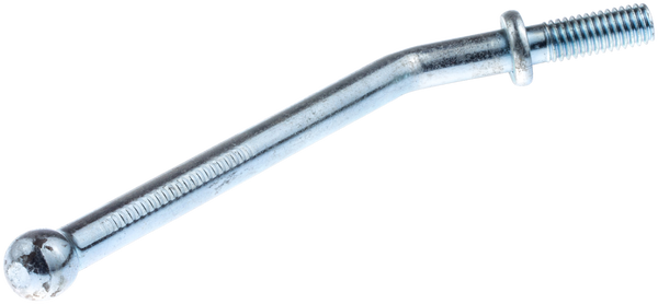 Zbliżenie na metalowy element, dźwignia kultywatora TR 530 Husqvarna, w kolorze srebrnym. Wyróżnia się wygiętym kształtem, z gwintowaną końcówką i kulistym zakończeniem. Powierzchnia gładka, lśniąca, dobrze widoczna na jasnym tle.