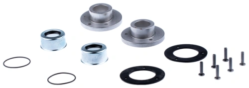 Zestaw łożysk kultywatora TR 430 Husqvarna: 2 metalowe tuleje z pierścieniami, 2 gumowe uszczelki i 6 śrub, ułożone na białym tle, pokazujące detale mocowania.