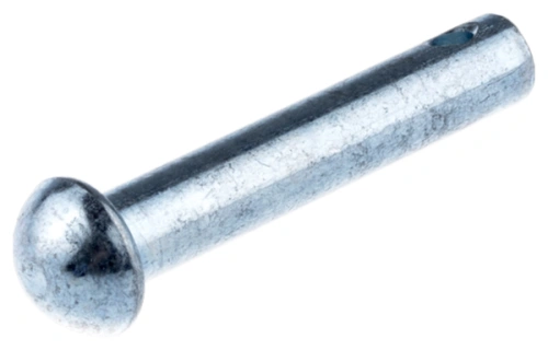 Sworzeń kultywatora TR 430 Husqvarna, cylindryczny, metaliczny, błyszczący. Widoczny z boku, z zaokrąglonym końcem. Zawiera otwór na mocowanie. Tło jednolite, ułatwiające identyfikację detalu.