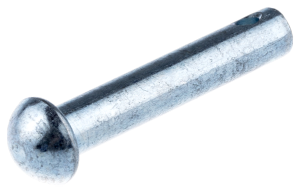 Sworzeń kultywatora TR 430 Husqvarna, cylindryczny, metaliczny, błyszczący. Widoczny z boku, z zaokrąglonym końcem. Zawiera otwór na mocowanie. Tło jednolite, ułatwiające identyfikację detalu.
