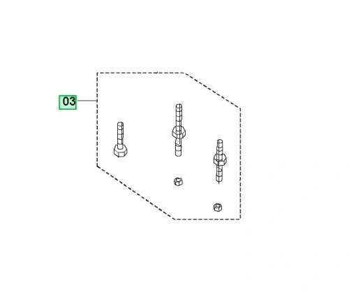 Zestaw instalacyjny z trzema śrubami i nakrętkami do kosiarki LC 151S Husqvarna. Widok z góry, na białym tle. Elementy o cylindrycznym kształcie z gwintem, wykonane z metalu, są ułożone w prostokątnej koncepcji.