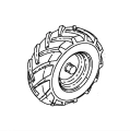 Koło napędowe kultywatora TR 530 Husqvarna, o dużym, gumowym bieżniku, widoczne w profilu. Wyraźne kołnierze dzielące bieżnik, metalowa śruba mocująca w centrum. Produkt przedstawiony na neutralnym tle, ukazując solidną konstrukcję i detale.