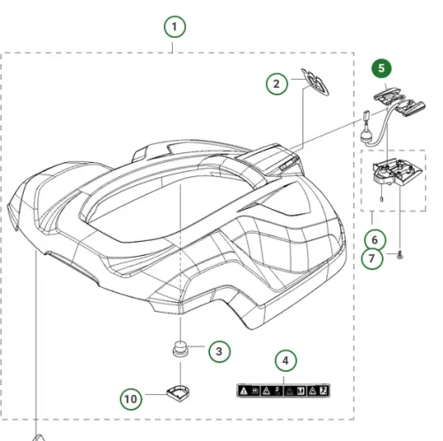 Płytka do przewodu elektrycznego Husqvarna Automower, przedstawiona z boku, w układzie na białym tle. Widać kształt płyty oraz różne elementy montażowe. Elementy są w kolorze ciemnoszarym, z oznaczeniami widocznymi na dole.