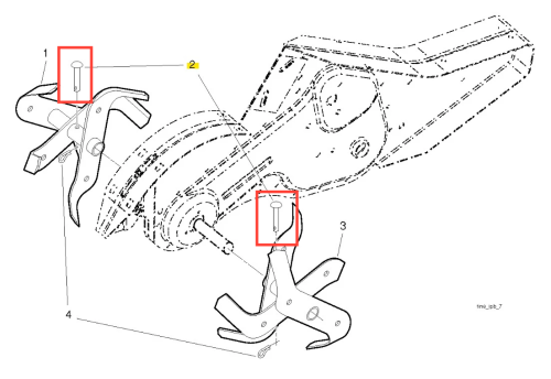 Sworzeń kultywatora TR 430 Husqvarna, metalowy, w kształcie cylindra, z widocznym zarysem i mocowaniem, ukazany w widoku z boku. W tle szczegóły elementów mechanicznych kultywatora. Produkt jest nowy, bez oznaczeń czy logo.
