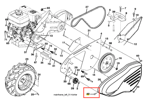 Śruba kultywatora TR 430 Husqvarna, metaliczna, z gwintem. Widoczna z boku, umieszczona w złożonym elemencie maszyny. Na tle części kultywatora, gdzie zamocowane są inne komponenty. Długość śruby nieokreślona, widoczny detal gwintu.