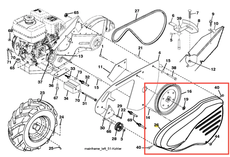 Osłona kultywatora TR 430 Husqvarna w kolorze czarnym, o aerodynamicznej formie, z widocznymi otworami wentylacyjnymi i logo producenta. Ujęcie z boku, pokazujące montaż osłony na konstrukcji. Tło jasne, podkreślające szczegóły produktu.