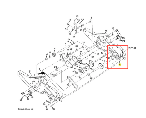 Zestaw łożysk kultywatora TR 430 Husqvarna z metalowymi kołami zębatymi, stalową obudową i przegubami na ramie, z oznaczeniem 53.