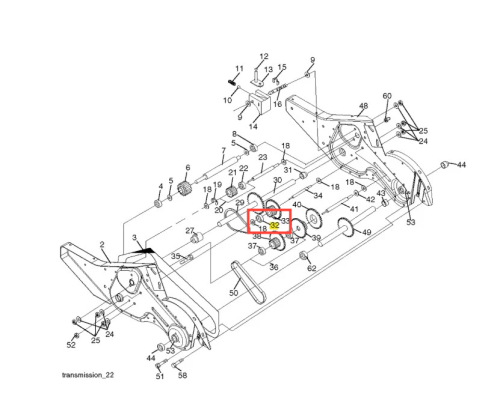 Tulejka dystansowa do kultywatora Husqvarna TR 430, widoczna z boku w zbliżeniu. Część metalowa, srebrna, cylindryczna, z wyraźnymi numerami identyfikacyjnymi 32 i 33. Element zamontowany na ramie, w kontekście schematu technicznego urządzenia.