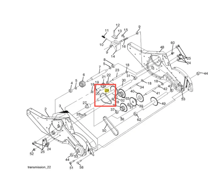 Łańcuch kultywatora TR 430 Husqvarna, metalowy element, widoczny w zbliżeniu, o specyficznej konstrukcji z wyraźnymi, precyzyjnie wyciętymi zębami. Zlokalizowany w centralnej części rysunku technicznego, na białym tle.