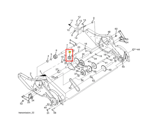 Koło zębate kultywatora TR 430 Husqvarna w schemacie technicznym, widoczne z boku. Element ma okrągły kształt, ze ząbkami po obwodzie. Na środku widoczny otwór na oś, schemat przedstawia szczegóły montażu na tle innych części urządzenia.