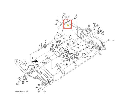 Wał kultywatora TR 430 Husqvarna z góry, pokazujący metalowe elementy mechanizmu, kółka i mocowania w kolorze szarym. Zaznaczono fragment nr 16 na rysunku technicznym, podkreślający jego funkcję.