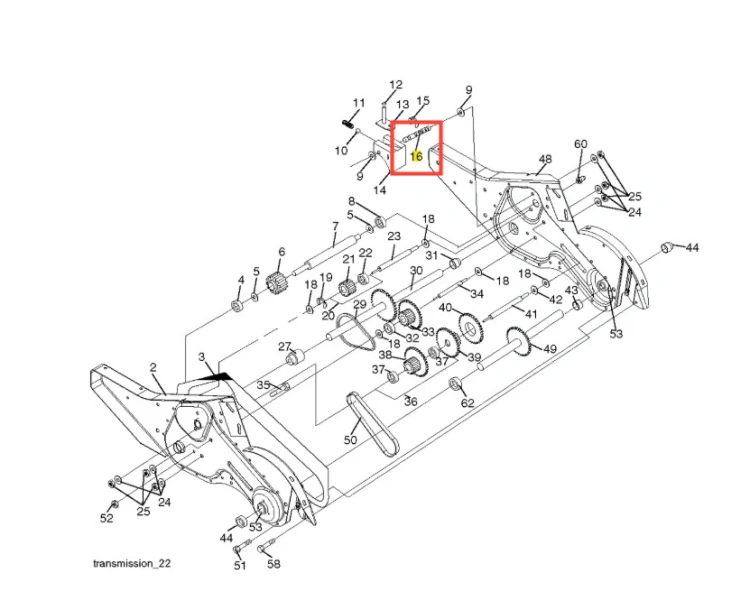Wał kultywatora TR 430 Husqvarna z góry, pokazujący metalowe elementy mechanizmu, kółka i mocowania w kolorze szarym. Zaznaczono fragment nr 16 na rysunku technicznym, podkreślający jego funkcję.