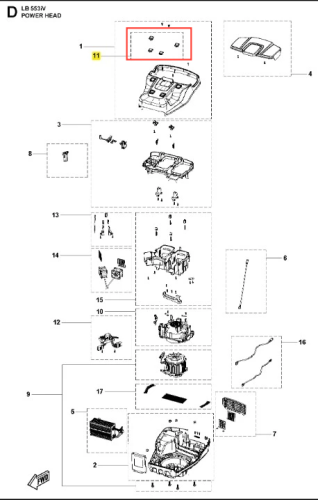 Zestaw wtyczek do kosiarki LB 553iV Husqvarna, w szczególności dwa elementy montażowe. Wtyczki mają metalowe końcówki, umieszczone na diagramie w czerwonej ramce. Zdjęcie przedstawia detal montażu w widoku z góry, na białym tle.