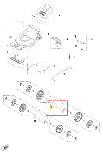 Oś kosiarki Model LC 137i, widoczna w zbliżeniu, z metalowym wykończeniem. Produkt znajduje się na białym tle, ukazując szczegóły konstrukcji oraz mocowania. Oś jest prosta, o cylindrycznym kształcie, z wyraźnymi oznaczeniami montażowymi.