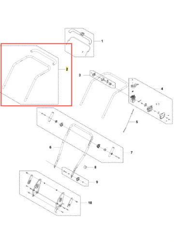 Rura uchwytu kosiarki Husqvarna Model LC 137i, metalowa, w kształcie podkowy, lekko zakrzywiona, w kolorze ciemnoszarym. Ujęcie z przodu, pokazujące jej mocowania. Elementy montażowe widoczne obok. Tło proste, białe.