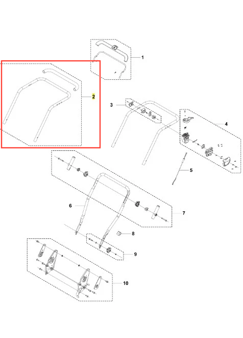 Rura uchwytu kosiarki Husqvarna Model LC 137i, metalowa, w kształcie podkowy, lekko zakrzywiona, w kolorze ciemnoszarym. Ujęcie z przodu, pokazujące jej mocowania. Elementy montażowe widoczne obok. Tło proste, białe.