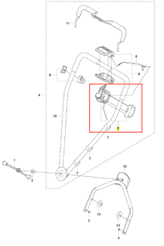 Przełączniki do kosiarki Husqvarna LB 448i, mechanizm montażowy w formie złożonej, widoczny w szczegółowym rysunku technicznym, z elementami mocowania i przewodami. Produkt przedstawiony z boku, na białym tle, z wyraźnymi numerami części.