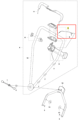 Przedłużacz kosiarki LB 448i Husqvarna w schemacie technicznym: rura ramy, silnik, uchwyt z kontrolkami i mocowania, czarne i metaliczne elementy, ułożone poziomo na białym tle.