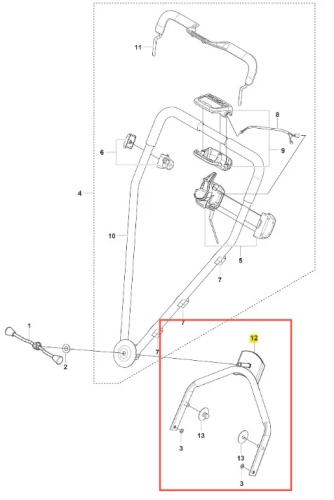 Zespół uchwytu kosiarki Husqvarna LB 448i z metalową ramą i montażem, widoczny z boku w pozycji rozłożonej, z uchwytem, mocowaniem i oznaczeniami numerycznymi.