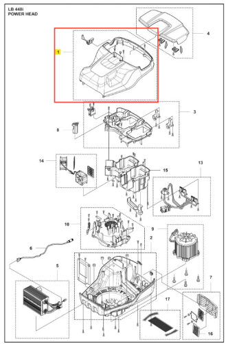 Osłona kosiarki LB 448i Husqvarna w kolorze czarnym, z zaokrąglonym kształtem, wykonana z tworzywa sztucznego. Produkt widoczny z boku, w ułożeniu poziomym, ukazujący detale mocowań oraz niewielkie otwory wentylacyjne. Tło białe.