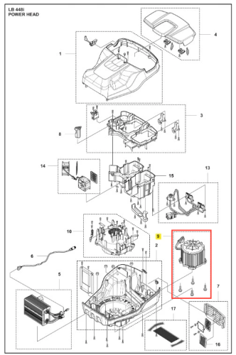 Przód zespołu silnika kosiarki LB 448i Husqvarna: metalowa, cylindryczna konstrukcja, szare elementy, uchwyty, śruby mocujące oraz elementy elektroniczne na białym tle.