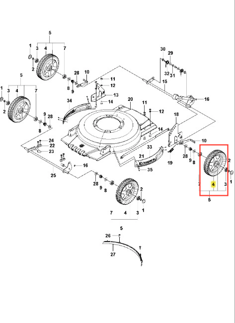 Opona kosiarki Husqvarna LB 448i, widok z boku, detal w oponie. Kluczowe cechy to bieżnik, czarny kolor, okrągły kształt. Opona ma widoczne oznaczenia i numerki. Element w złożonym układzie części kosiarki, na białym tle.