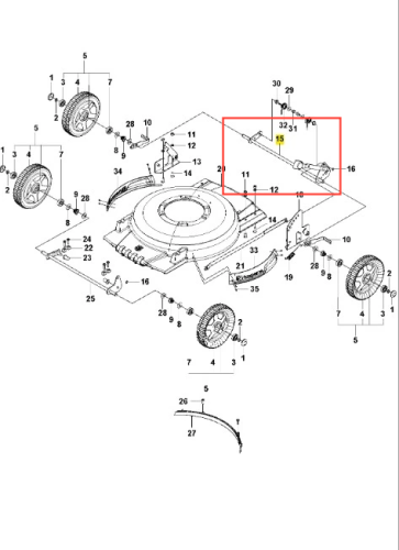 Tylną oś kosiarki LB 448i Husqvarna, widoczna z boku, przedstawia metalową konstrukcję z elementami mocującymi. Kształt prostokątny, z wyraźnymi numerami części. Ułożona na płaskiej powierzchni, w otoczeniu innych elementów konstrukcyjnych.