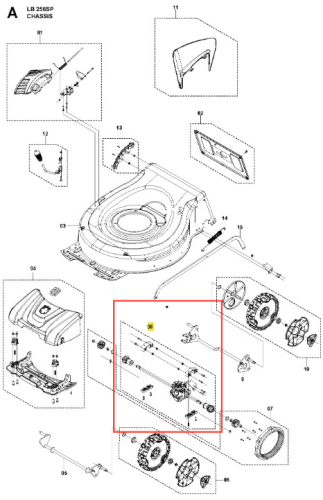 Zestaw metalowych przekładni kosiarki LB 256SP Husqvarna z mocowaniami, uszczelnieniami i oznaczeniami. Widok z przodu na detale mechaniczne. Białe tło dla lepszej widoczności.