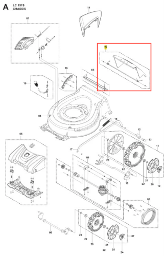 Klapa kosiarki LC 151S Husqvarna, w kształcie prostokąta, w kolorze ciemnoszarym. Element montowany, z wyraźnie oznaczonymi detalami montażowymi. Widoczny na rysunku, frontalny kąt ujęcia, na białym tle, bez dodatkowych akcesoriów.