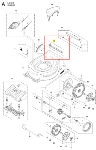 Płyta uszczelniająca do kosiarki LC 151S Husqvarna w kolorze szarym. Widoczna w pozycji leżącej, z detalem mocowania oraz wycięciami. Funkcjonalna, wykonana z materiału odpornego na warunki atmosferyczne. Element do montażu w konstrukcji kosiarki.