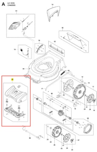 Osłona kosiarki LC 151S Husqvarna, ciemnoszara, plastikowa, z wentylacją, widoczne mocowania i oznaczenia montażowe, na białym tle, widok z boku w pozycji leżącej.