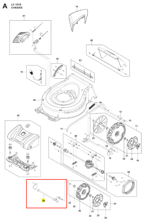 Oś kosiarki LC 151S Husqvarna, metalowa, w kolorze szarym, z widocznym mocowaniem z jednej strony. Element o prostym kształcie, z otworami montażowymi. Widok z przodu, umiejscowiony na białym tle, bez dodatkowych akcesoriów.