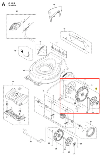 Koło kosiarki LC 151S Husqvarna w kolorze czarnym, z wyraźnymi otworami na mocowanie i zębatkami; widok boczny, na płaskiej powierzchni, obracające się w kierunku zgodnym z ruchem wskazówek zegara. Idealne do zastosowań w ogrodzie.