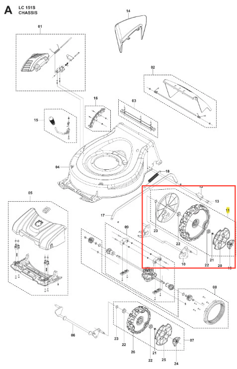 Koło kosiarki LC 151S Husqvarna w kolorze czarnym, z wyraźnymi otworami na mocowanie i zębatkami; widok boczny, na płaskiej powierzchni, obracające się w kierunku zgodnym z ruchem wskazówek zegara. Idealne do zastosowań w ogrodzie.