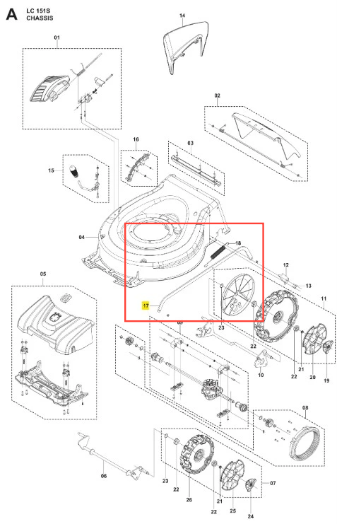 Drążek kosiarki LC 151S Husqvarna w kolorze czarnym, metalowy, prostokątny element o gładkiej powierzchni. Widoczny z boku, z zamocowaniem. Umieszczony na jasnym tle. Zawiera czytelne oznaczenia montażowe. Idealny do użytku w sprzęcie ogrodowym.