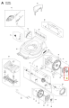 Osłona koła zapasowego kosiarki LC 151S Husqvarna w kolorze ciemnoszarym, z wyraźnym logo producenta. Widoczna od góry, w pozycji leżącej, eksponuje kształt z zaokrągleniami. Tło białe, co podkreśla detale i dopasowanie do kosiarki.