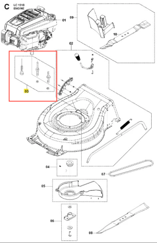 Zestaw instalacyjny kosiarki LC 151S Husqvarna, składający się z elementów silnika i osłony. Widok z góry, pokazujący detale mocowań i komponentów. Na tle ilustracji widać oznaczenia poszczególnych części, w tym śruby i mocowania.