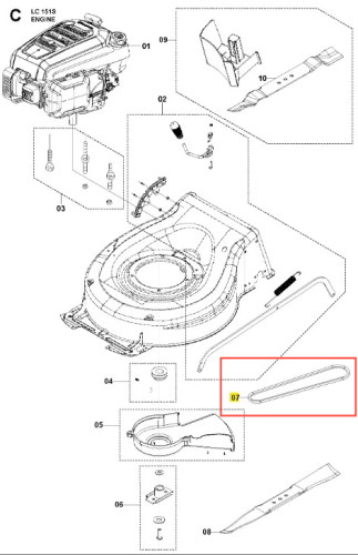 Pasek kosiarki LC 151S Husqvarna, metalowy, prostokątny, o długości około 30 cm, umiejscowiony w widoku z góry. Widoczny detal mocowania z otworami, bez logo. Tło białe, minimalistyczne, podkreślające produkt.