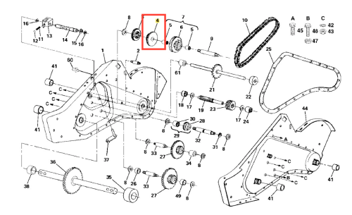 Schemat przekładni kultywatora TR 530 Husqvarna z rozłożonymi elementami: obudową, zębatymi kołami, wałami i mocowaniami na białym tle, z numeracją części i szczegółami montażu.