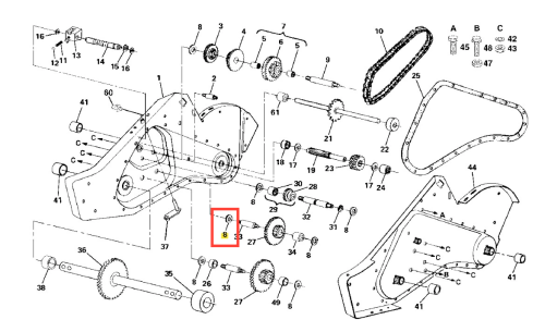 Schemat podkładki kultywatora TR 530 Husqvarna z obudową, wałkami, kołami zębatymi i mocowaniami na białym tle. Zaznaczony ważny element nr 8.