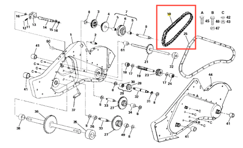 Metaliczny łańcuch kultywatora TR 530 Husqvarna z owalnym kształtem i napinaczem, widoczny z boku z detalami zębatki, na białym tle, kluczowy dla efektywnego spulchniania gleby.