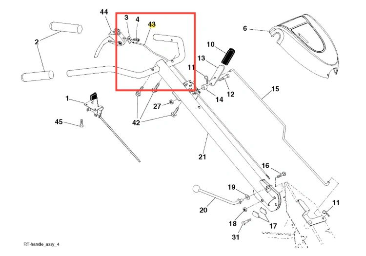 Czarna linka kultywatora TR 430 Husqvarna na białym tle, widok boczny. Widać złożoną konstrukcję z elementami mocującymi, ramą i ergonomicznym uchwytem na rączce oraz mechaniczne detale.