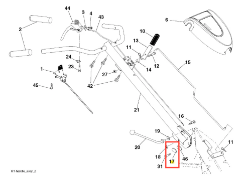 Metalowe czarne zamknięcie uchwytu kultywatora Husqvarna TR 530, długość ok. 10 cm, widoczne z boku, z mocowaniami i otworami, na białym tle, stabilizuje uchwyt urządzenia.