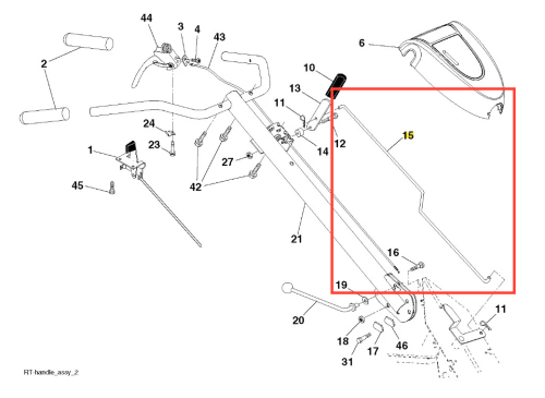 Pręt zmiany biegów do kultywatora TR 530 Husqvarna, metalowy, cynkowany, wydłużony, z mocowaniami. Zdjęcie frontalne, leży poziomo, widoczna końcówka do podłączenia, bez innych elementów w tle.
