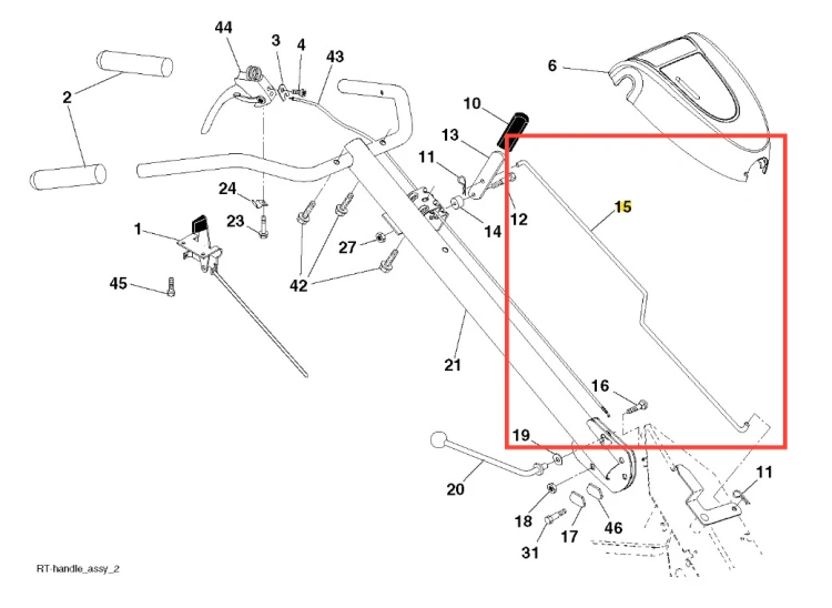 Pręt zmiany biegów do kultywatora TR 530 Husqvarna, metalowy, cynkowany, wydłużony, z mocowaniami. Zdjęcie frontalne, leży poziomo, widoczna końcówka do podłączenia, bez innych elementów w tle.