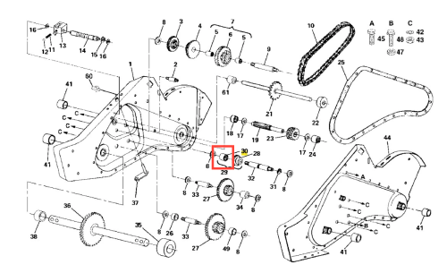 Łożysko kultywatora TR 530 Husqvarna, metalowy element o cylindrycznym kształcie, widoczny w układzie części, z wyraźnie zaznaczoną otworowaną częścią. Tło techniczne, z bliskim ujęciem na szczegóły montażowe i numerowane komponenty.