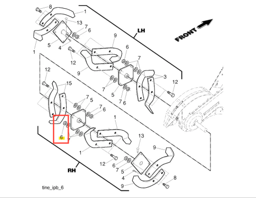 Nakrętka koronowa samohamowna kultywatora TR 530 Husqvarna, metalowa, w kształcie cylindrycznym z widocznymi otworami do mocowania. Widok z przodu, przedstawiający szczegóły konstrukcyjne, z oznaczeniem numeru 6 na rysunku.