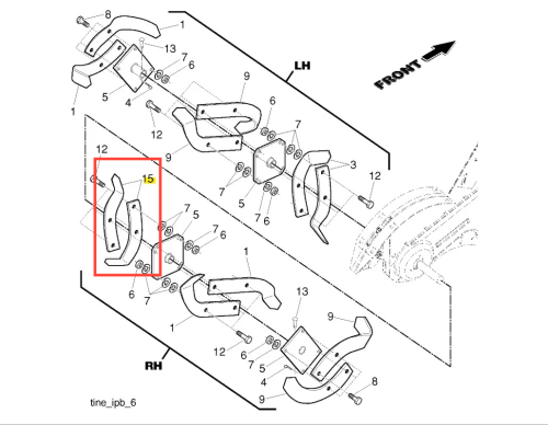 Prawy ząb kultywatora TR 530 Husqvarna z metalowym wykończeniem, o unikalnym kształcie, zamocowany w pionie. Widoczny z boku, na białym tle. Element ma otwory mocujące i zakrzywioną końcówkę, typowe dla narzędzi ogrodniczych.