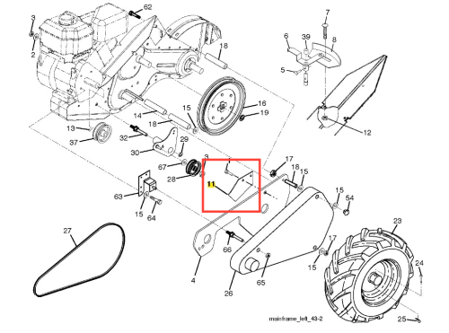 Szara metalowa osłona prawa kultywatora TR 530 Husqvarna, zamontowana z boku jednostki roboczej, chroni mechanizm. Prosta, bez zdobień, podkreśla miejsce mocowania.